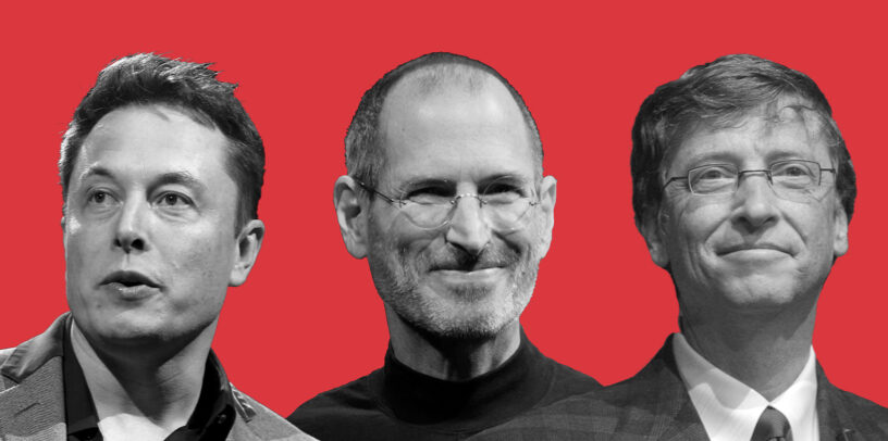Elon Musk, Steve Jobs, and Bill Gates in black and white over a red background